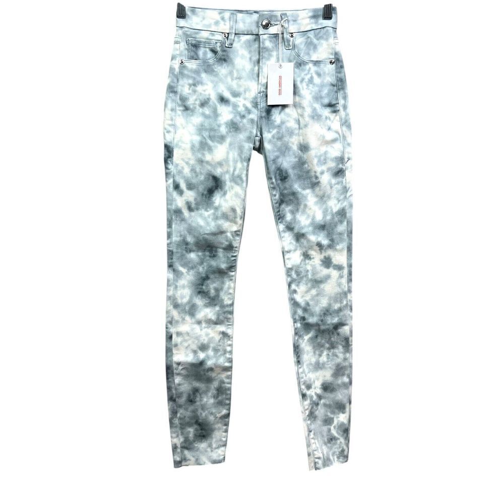Good American Women Jeans Skinny Stretch Good Legs Raw Hem Cloud Tie Dye 0/25*